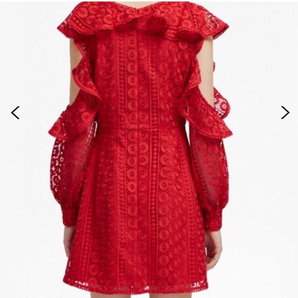 French Connection Lace Red Balloon Sleeve V-Neck Dress - Picture 3 of 13